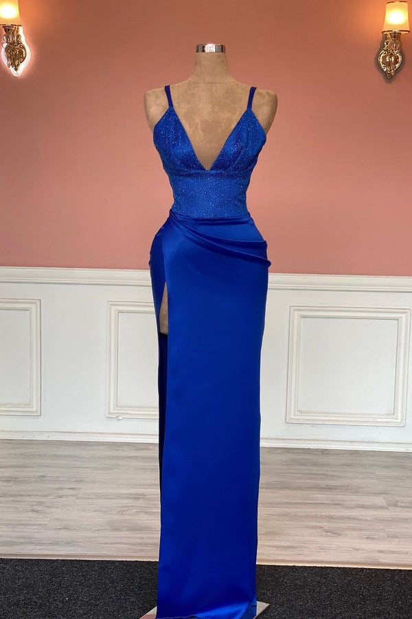 Modern Royal Blue V-Neck Mermaid Prom Dress with Split-Occasion Dress-BallBride