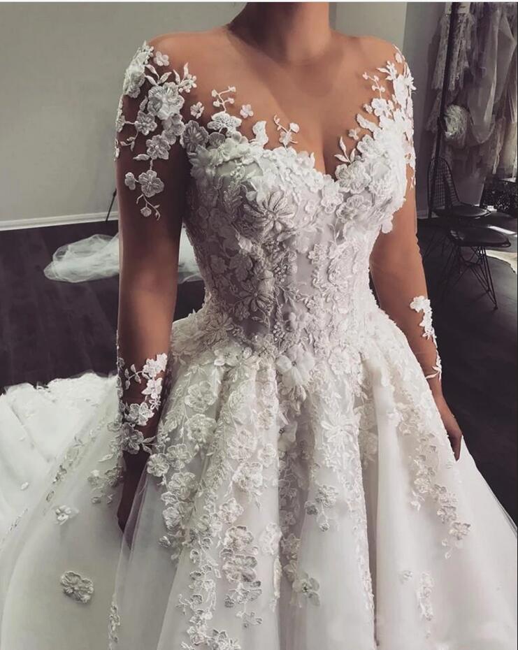 Modern Scoop Long Sleeve Wedding Dress with Lace Appliques-Wedding Dresses-BallBride