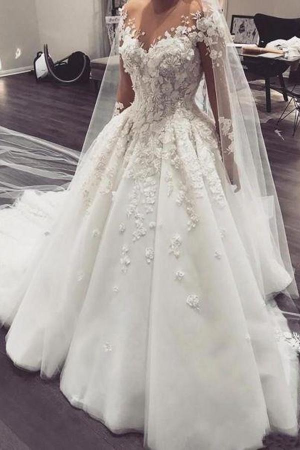 Modern Scoop Long Sleeve Wedding Dress with Lace Appliques-Wedding Dresses-BallBride