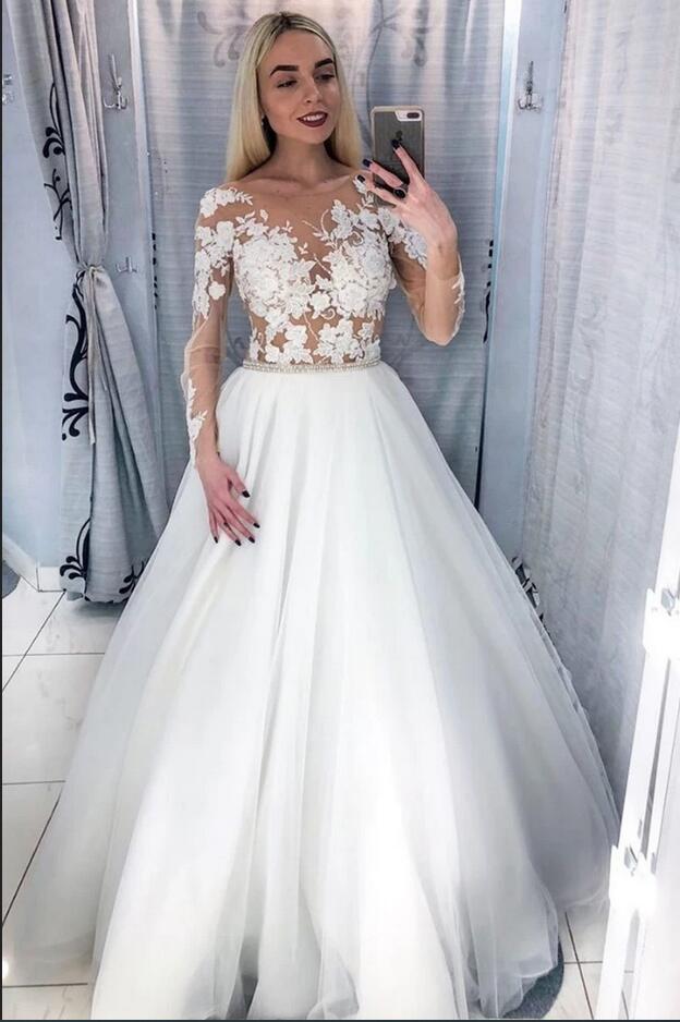 Modern Scoop Long Sleeves Wedding Dress with Lace Appliques and Tulle-Wedding Dresses-BallBride