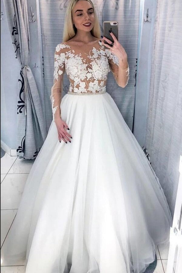 Modern Scoop Long Sleeves Wedding Dress with Lace Appliques and Tulle-Wedding Dresses-BallBride