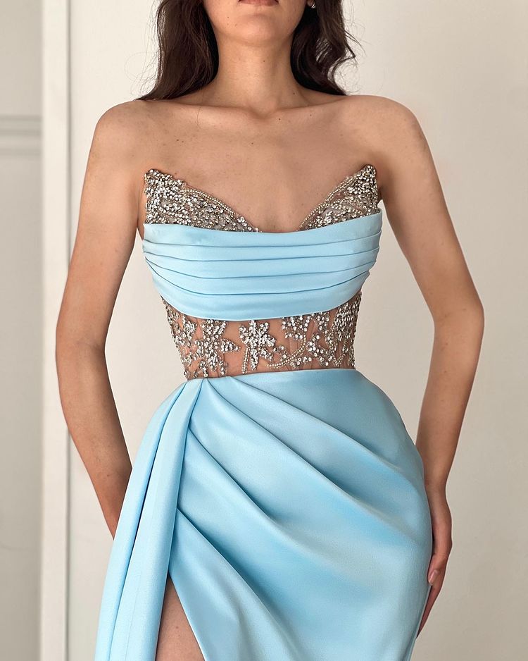 Modern Sky Blue Strapless Mermaid Prom Dress with Beads-BallBride