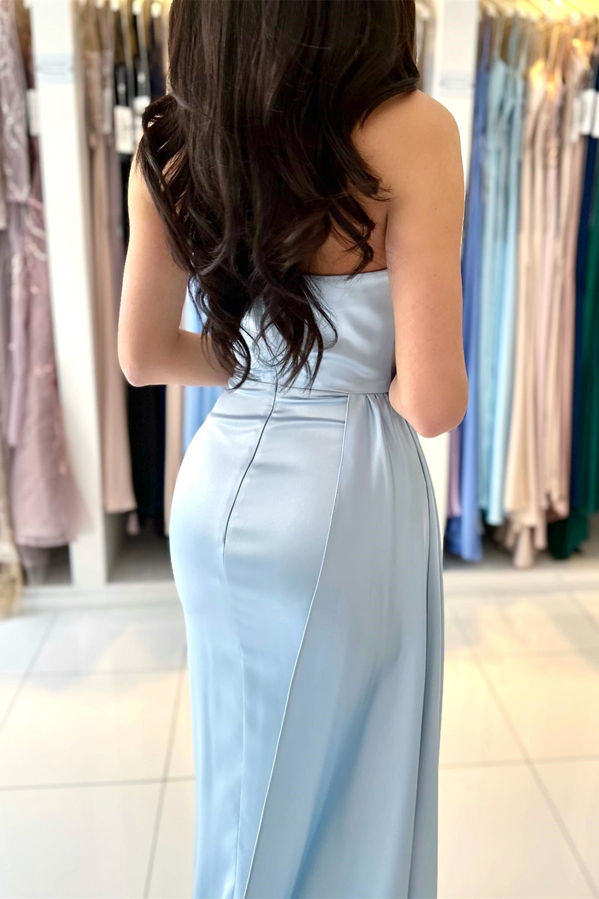 Modern Sky Blue Strapless Mermaid Prom Dress with Split Ruffle-Occasion Dress-BallBride