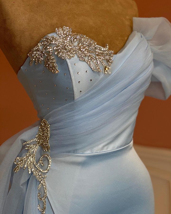 Modern Sky Blue Sweetheart Mermaid Prom Dress with Beadings and Split Tulle Ruffles-Occasion Dress-BallBride