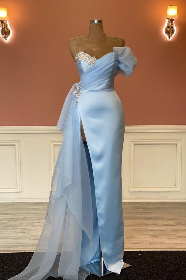 Modern Sky Blue Sweetheart Mermaid Prom Dress with Beadings and Split Tulle Ruffles-Occasion Dress-BallBride