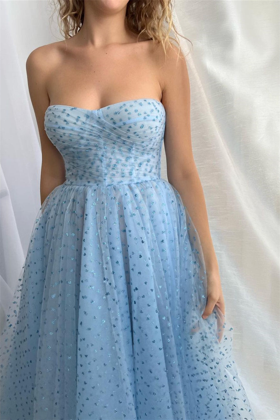 Modern Sky Blue Tulle Evening Gown with Detachable Sleeves-Occasion Dress-BallBride