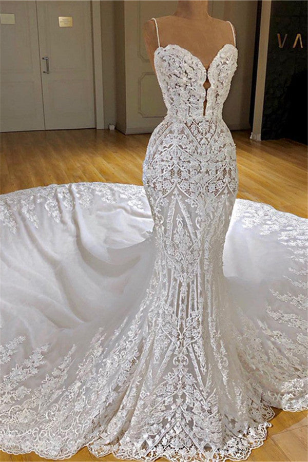 Modern Spaghetti-Straps Lace Mermaid Wedding Dress With Train Appliques-Wedding Dresses-BallBride