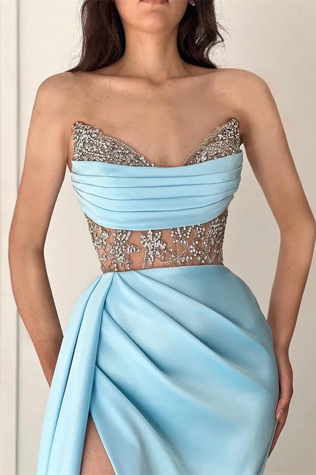 Modern Sweetheart Sky Blue Mermaid Evening Party Gowns High Split WIth Beads-BallBride