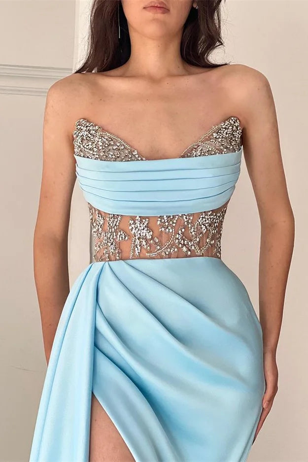 Modern Sweetheart Sky Blue Mermaid Evening Party Gowns High Split WIth Beads-BallBride