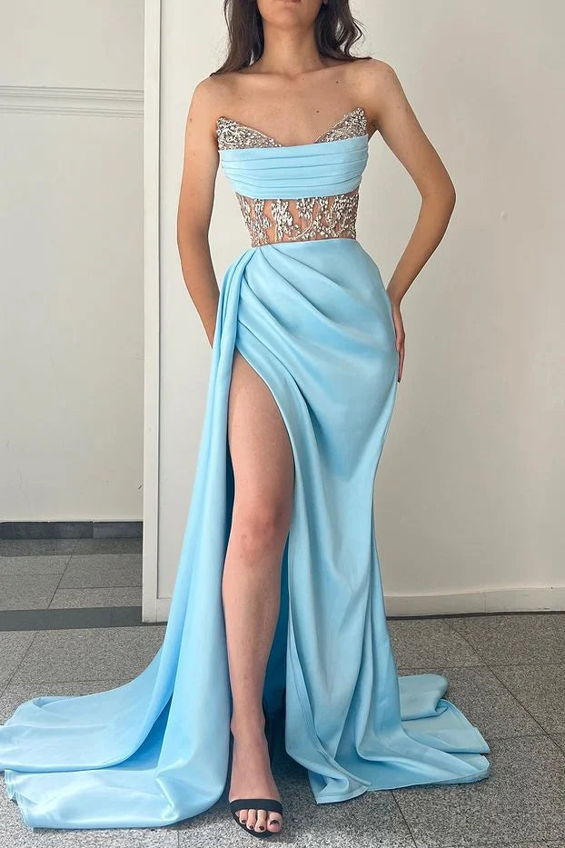 Modern Sweetheart Sky Blue Mermaid Evening Party Gowns High Split WIth Beads-BallBride