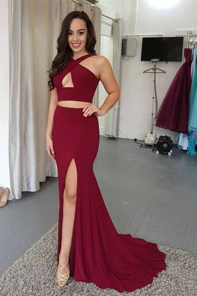 Modern Two Pieces Mermaid Halter Prom Dress With Split-Occasion Dress-BallBride