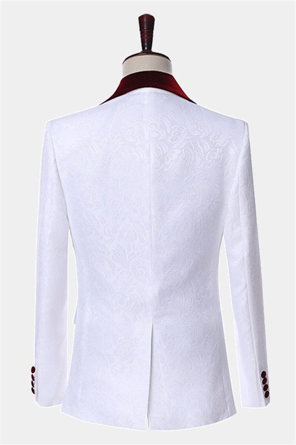 Modern White Jacquard Floral Wedding Tuxedo With Burgundy Lapel-Wedding Suits-BallBride
