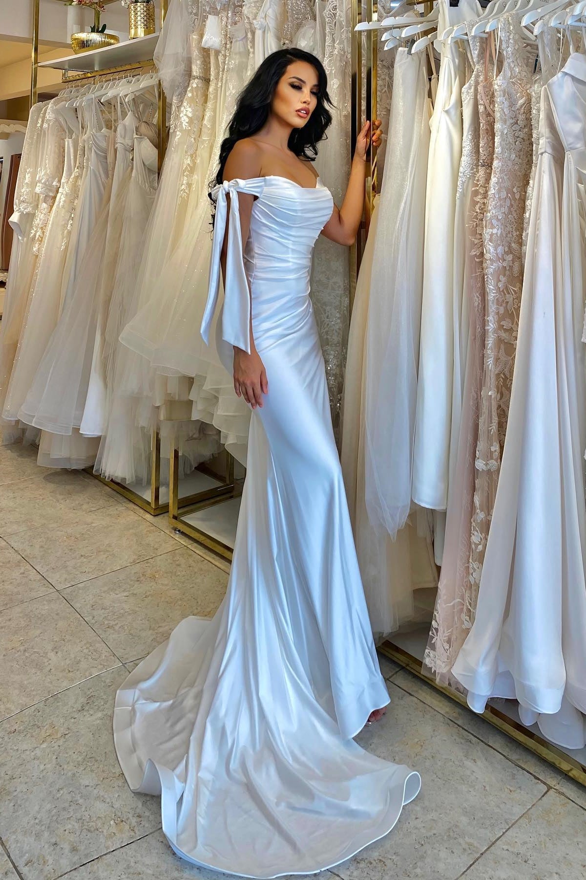 Modern White Off-the-Shoulder Prom Dress with Mermaid Split Long-Occasion Dress-BallBride