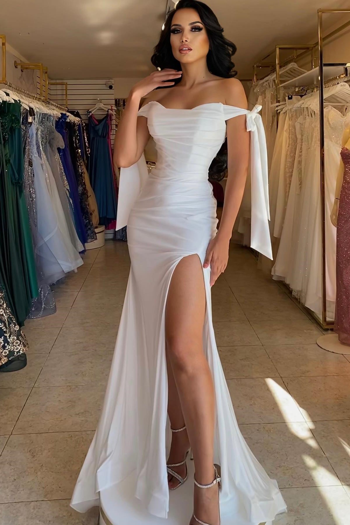 Modern White Off-the-Shoulder Prom Dress with Mermaid Split Long-Occasion Dress-BallBride