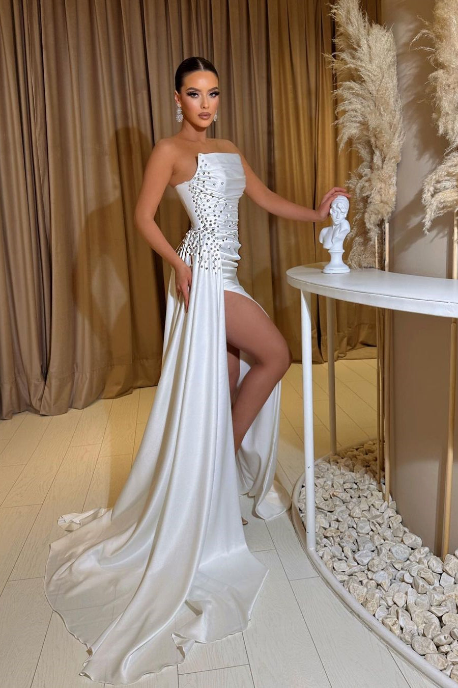 Modern White Strapless Mermaid Prom Dress with Pearls and Split Ruffles-Occasion Dress-BallBride