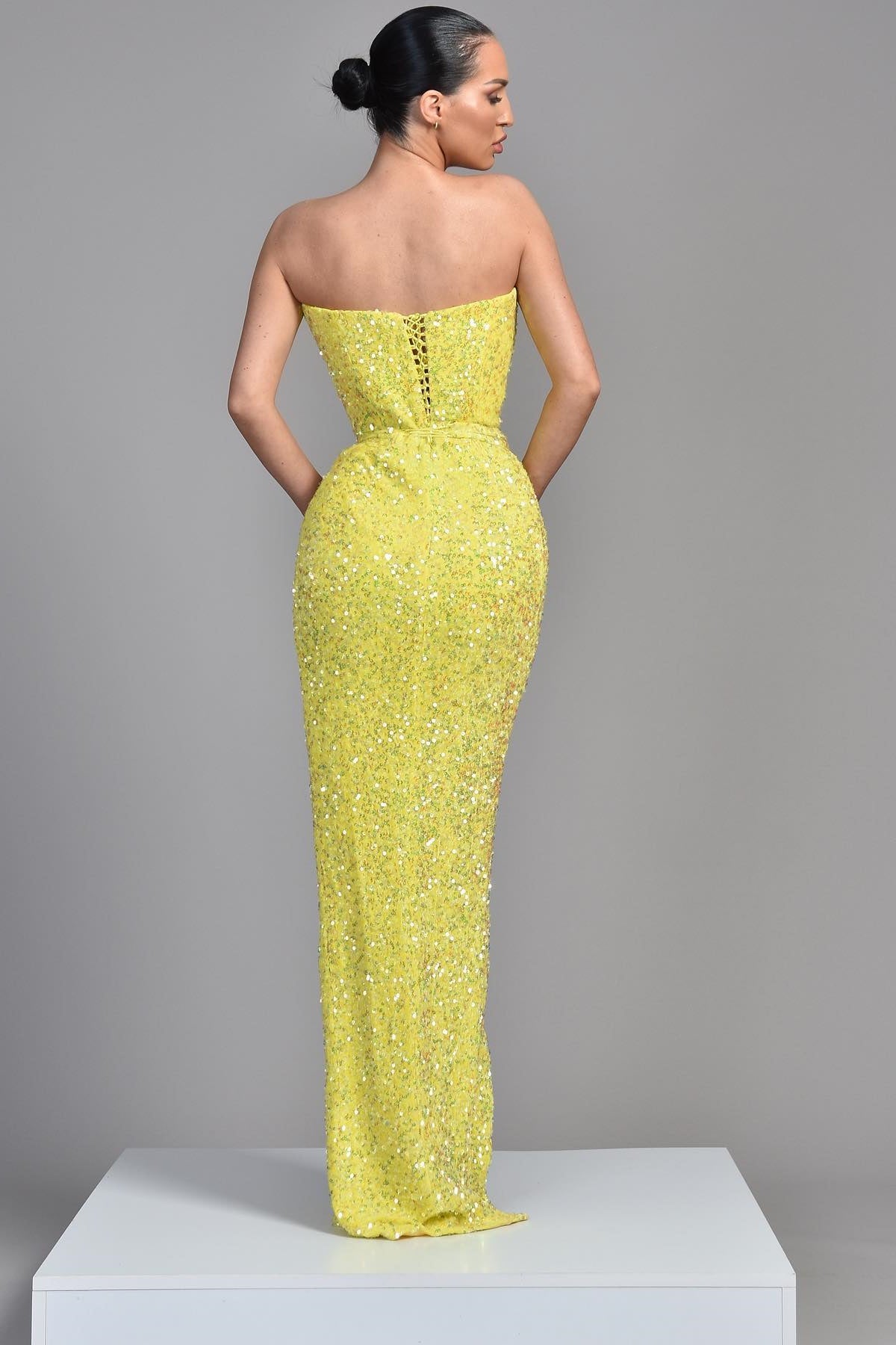 Modern Yellow Strapless Mermaid Prom Dress with Sequins and Split-Occasion Dress-BallBride