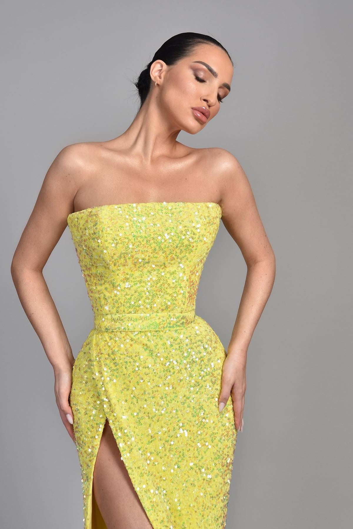 Modern Yellow Strapless Mermaid Prom Dress with Sequins and Split-Occasion Dress-BallBride