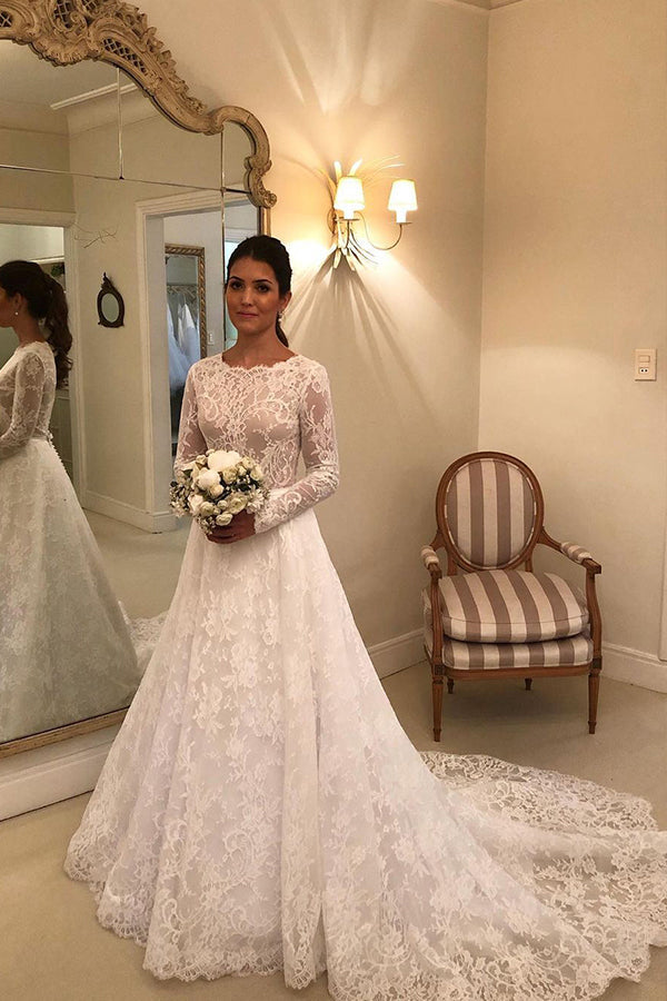 Modest A-line Lace Wedding Dress with Long Sleeves and Appliques-Wedding Dresses-BallBride