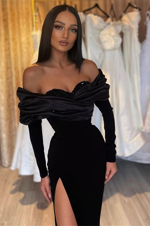 Modest Black Long Sleeves Prom Dress with Off-the-Shoulder and Mermaid Split-Occasion Dress-BallBride