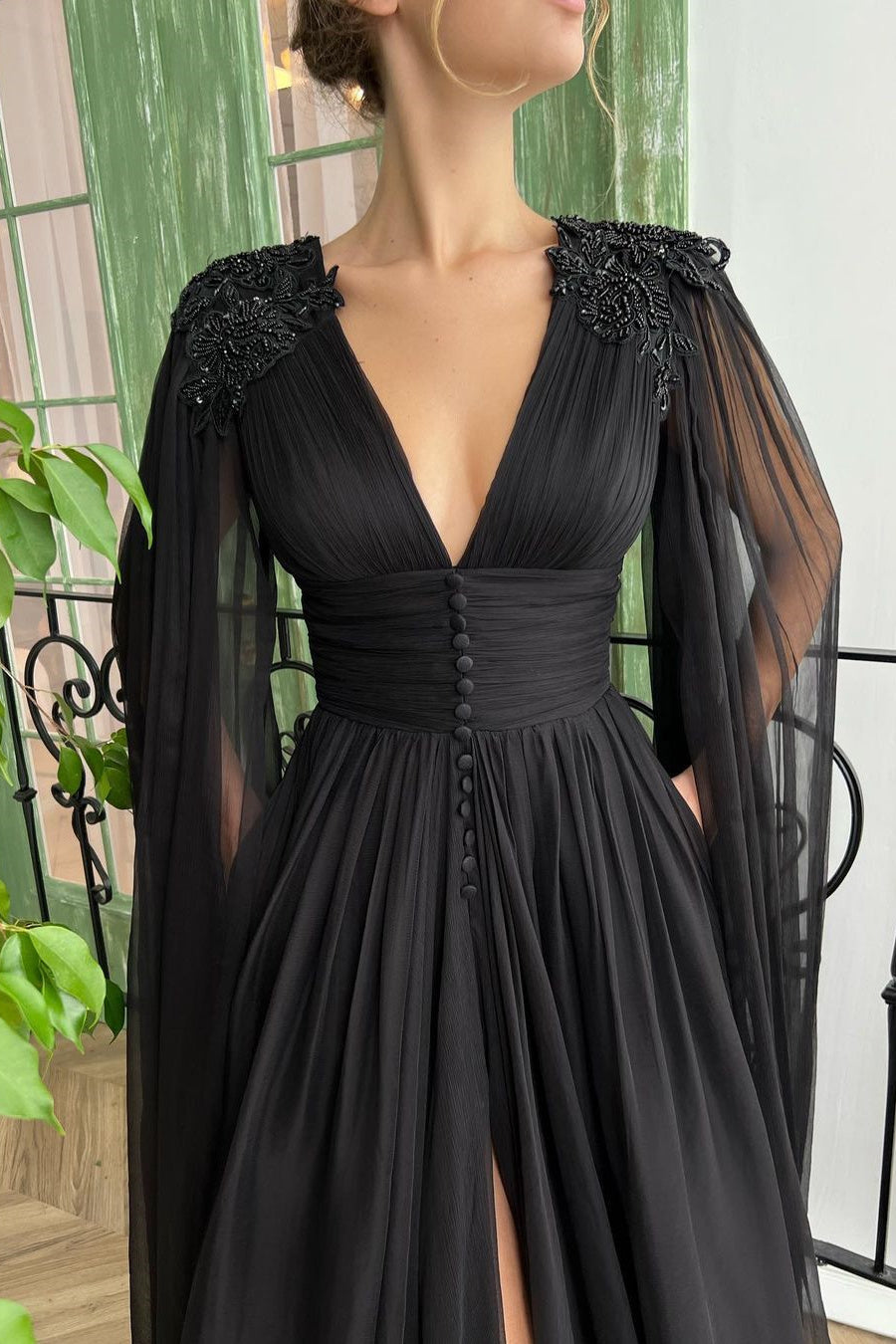 Modest Black Prom Dress with Ruffle Sleeves and Long Slit With Buttons-Occasion Dress-BallBride