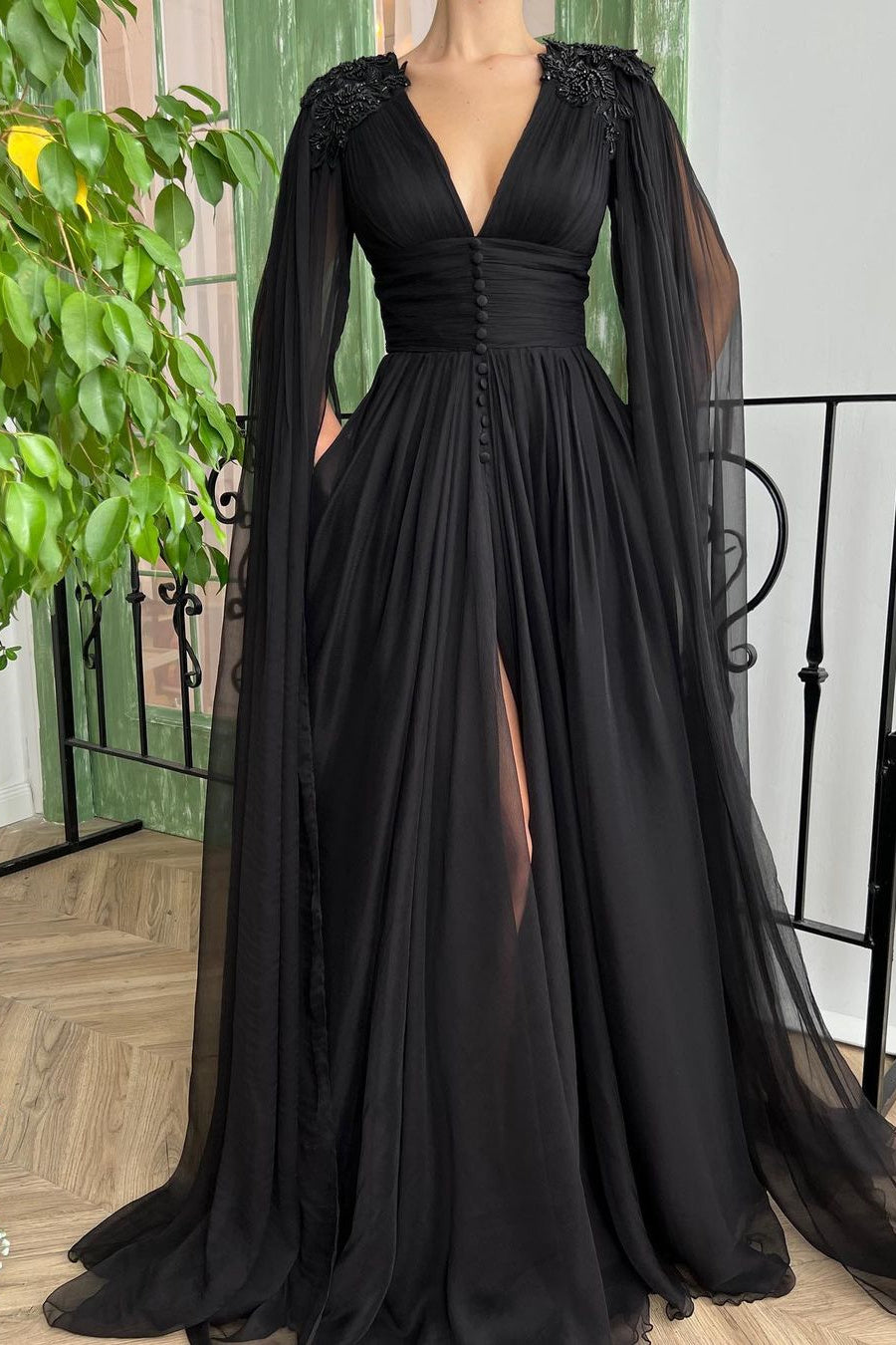 Modest Black Prom Dress with Ruffle Sleeves and Long Slit With Buttons-Occasion Dress-BallBride