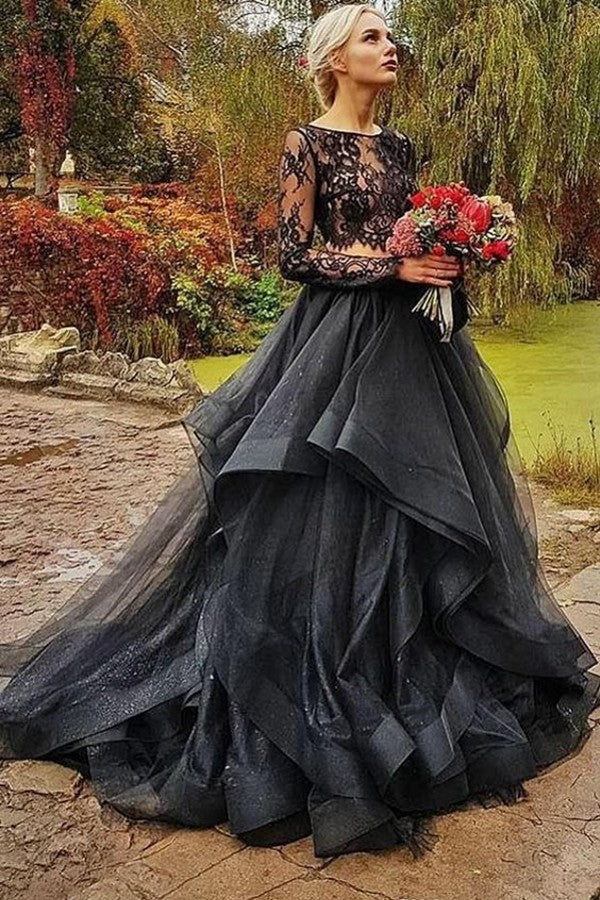 Modest Black Two Pieces Wedding Dress with Sleeves and Tulle Lace-Wedding Dresses-BallBride