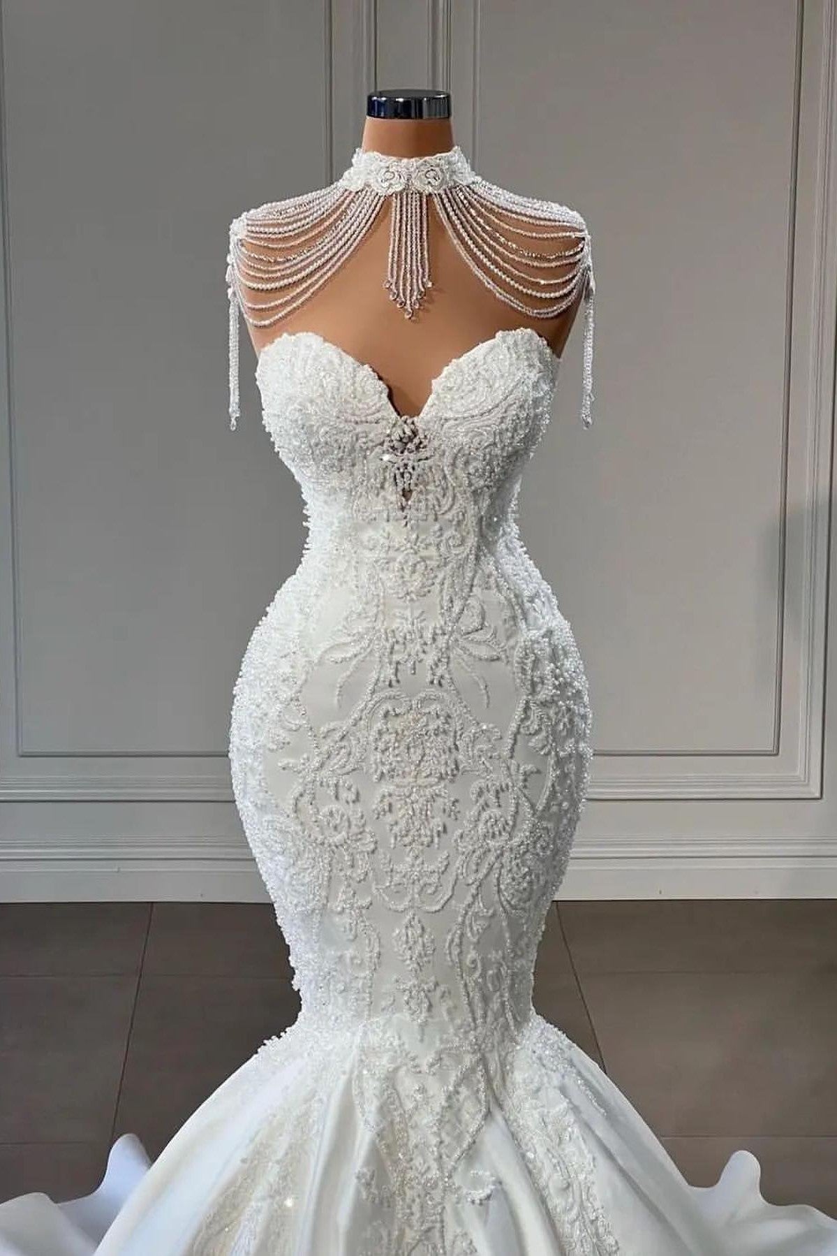 Modest Long Mermaid Sweetheart Pearl Wedding Dress With Lace-Wedding Dresses-BallBride