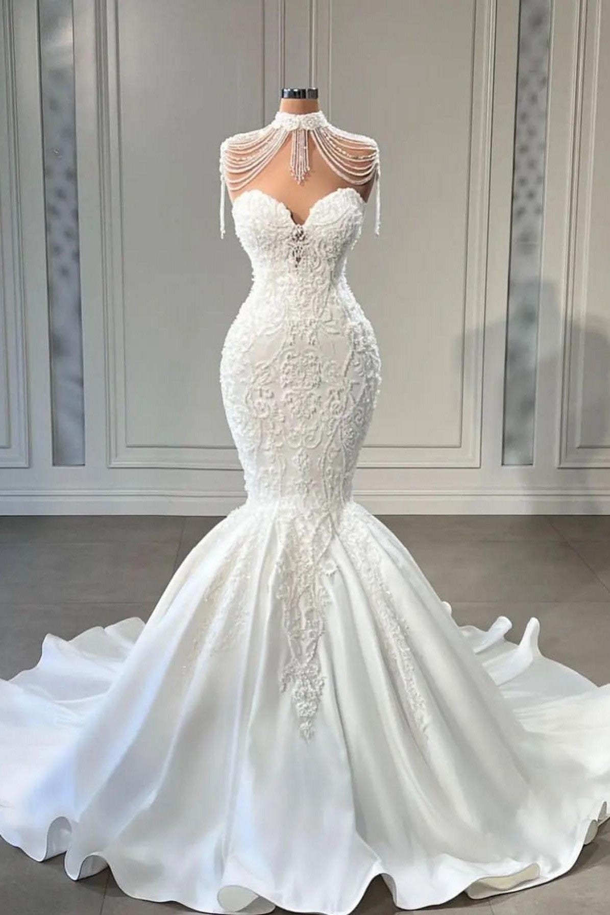 Modest Long Mermaid Sweetheart Pearl Wedding Dress With Lace-Wedding Dresses-BallBride