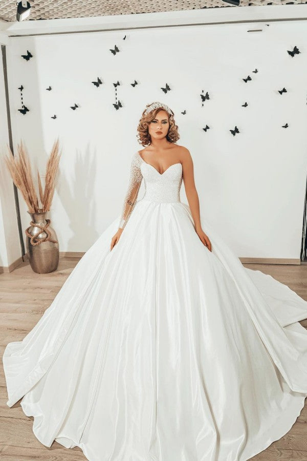 Modest Sweetheart Pearl Floor-length Ruffles Ball Gown Wedding Dress With Long Sleeve-Wedding Dresses-BallBride