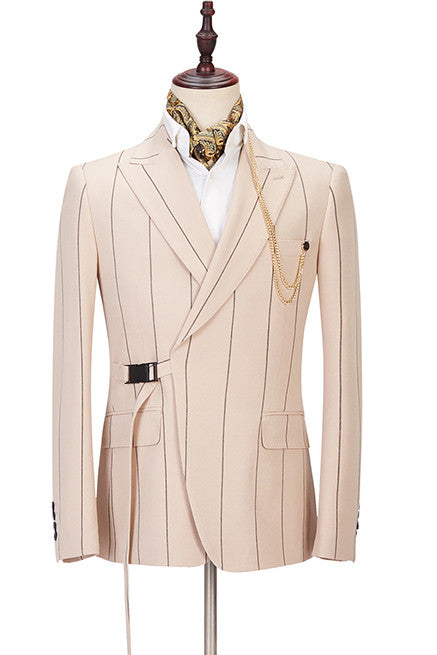 Morden Bespoke Light Champagne Suit w/ Striped Reception Peaked Lapel-Prom Suits-BallBride