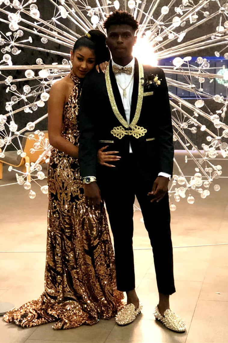 Morden Black Man's Suits With Gold Lapel Knitted Button Party Bespoke Prom-Prom Suits-BallBride