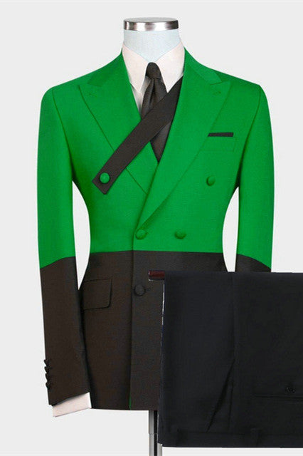 Morden Peaked Lapel Double Breasted Prom Suits - Green and Black-Prom Suits-BallBride