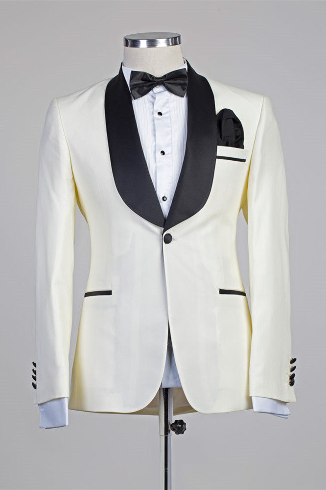 Moses Ivory Simple Slim Fit Wedding Suit with Black Lapel-Wedding Suits-BallBride