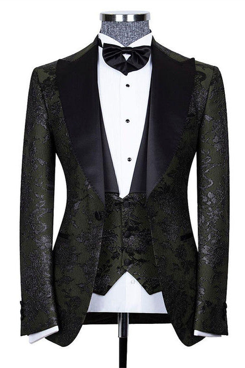 Nathanael Handsome Black 3-Piece Jacquard Peaked Lapel Wedding Groom Suit Online-Wedding Suits-BallBride