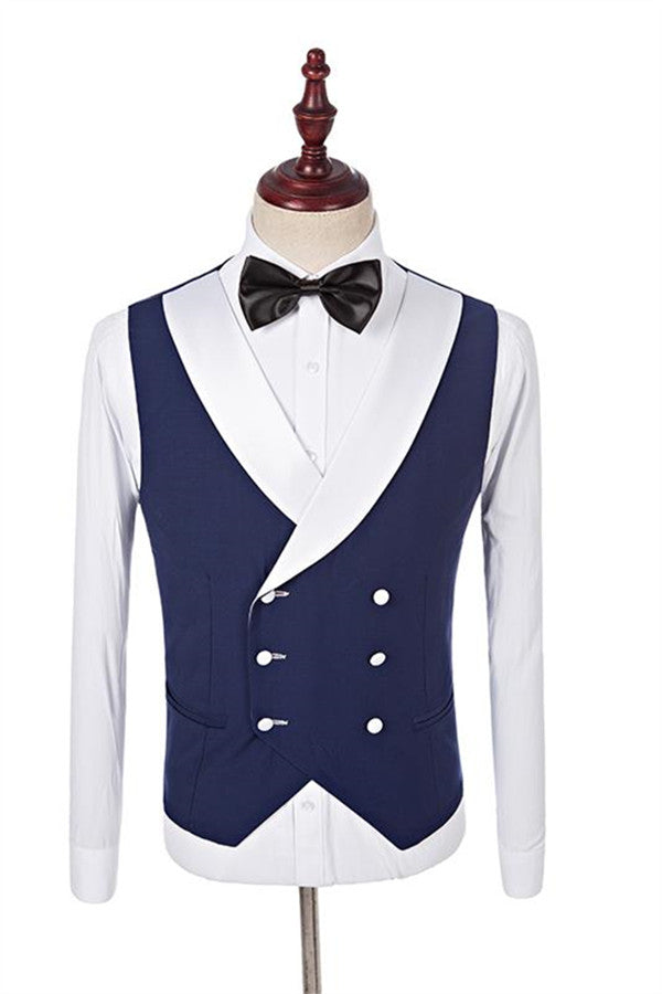 Navy Blue Groomsmen White Shawl Lapel One Button Wedding Tailcoat Three Pieces-Wedding Suits-BallBride