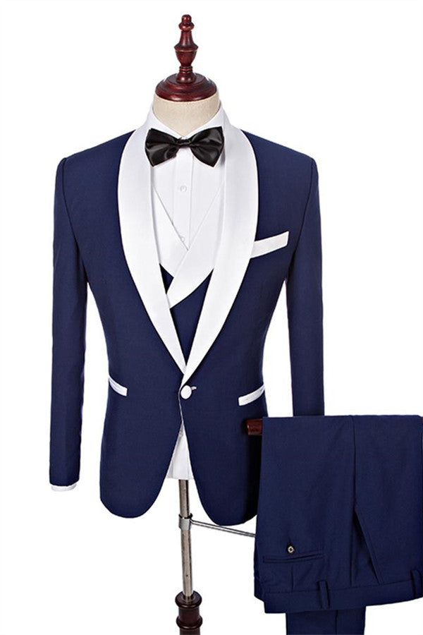 Navy Blue Groomsmen White Shawl Lapel One Button Wedding Tailcoat Three Pieces-Wedding Suits-BallBride