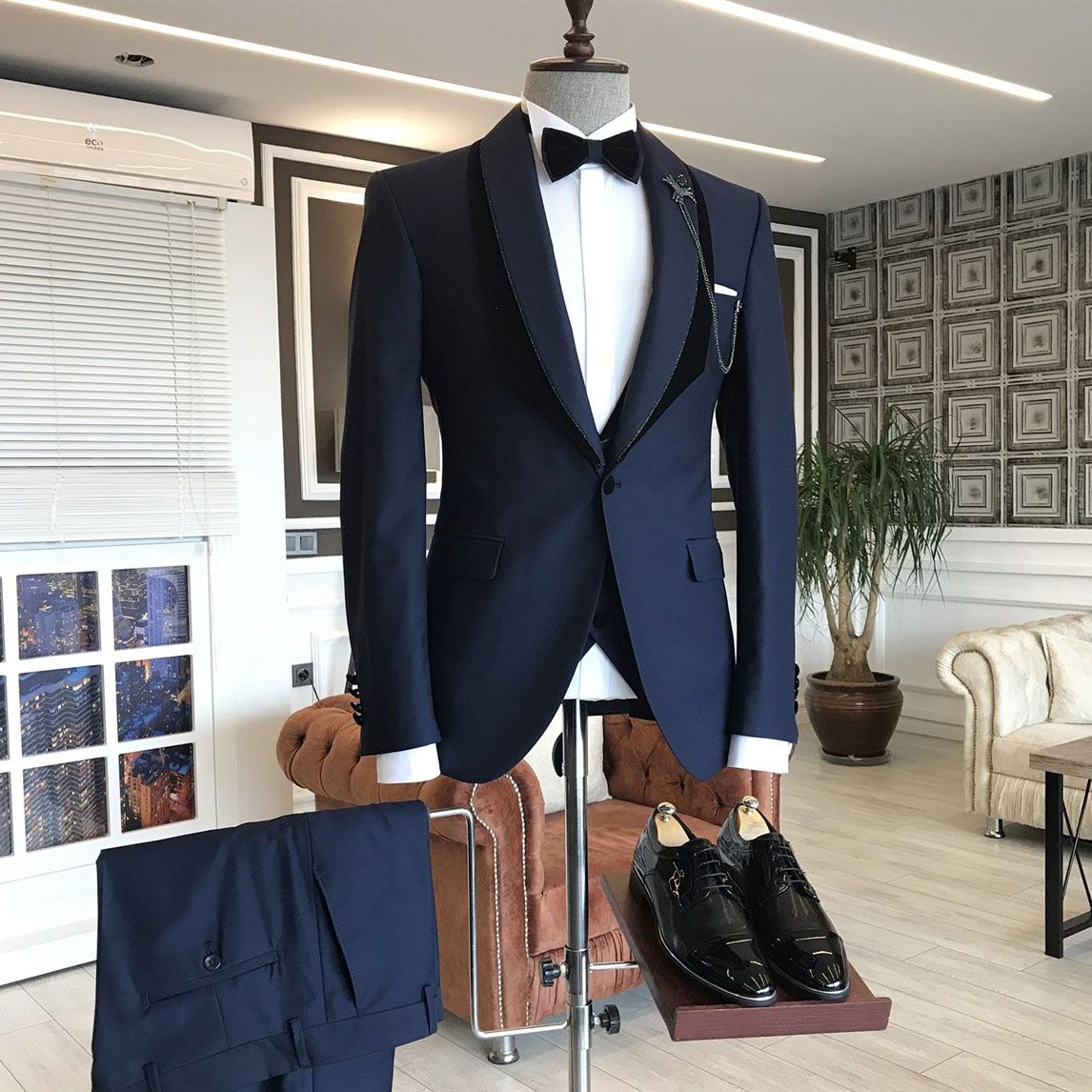 Navy Blue Lapel Shawl With One Button Wedding Suit from Gene Popular-Wedding Suits-BallBride