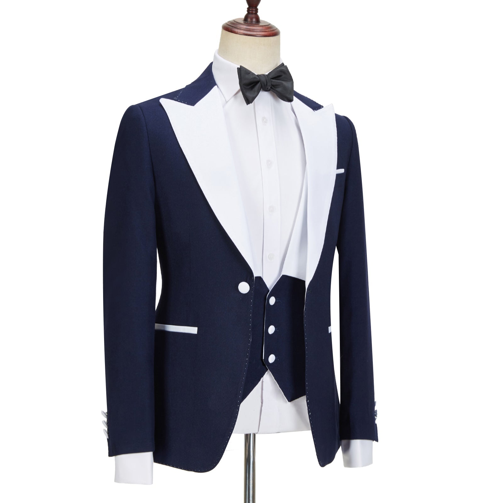 Navy Blue Peaked Lapel Easy Fit Three Pieces Suit for Men by Tyler-Wedding Suits-BallBride