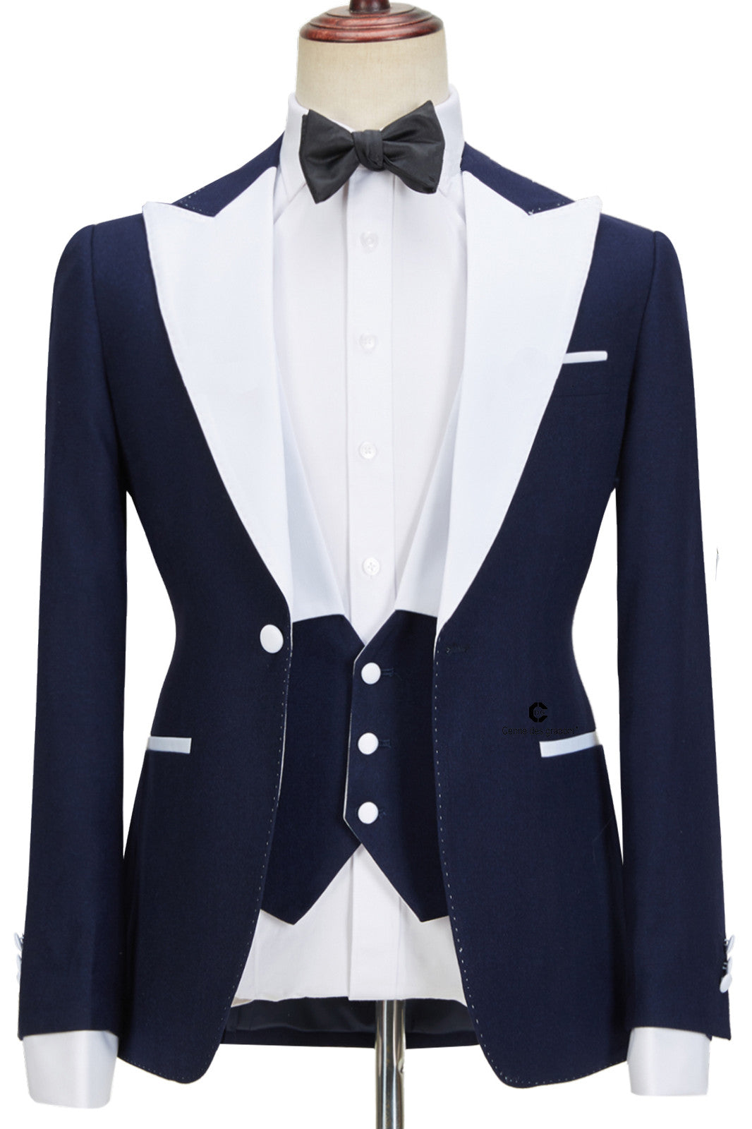 Navy Blue Peaked Lapel Easy Fit Three Pieces Suit for Men by Tyler-Wedding Suits-BallBride