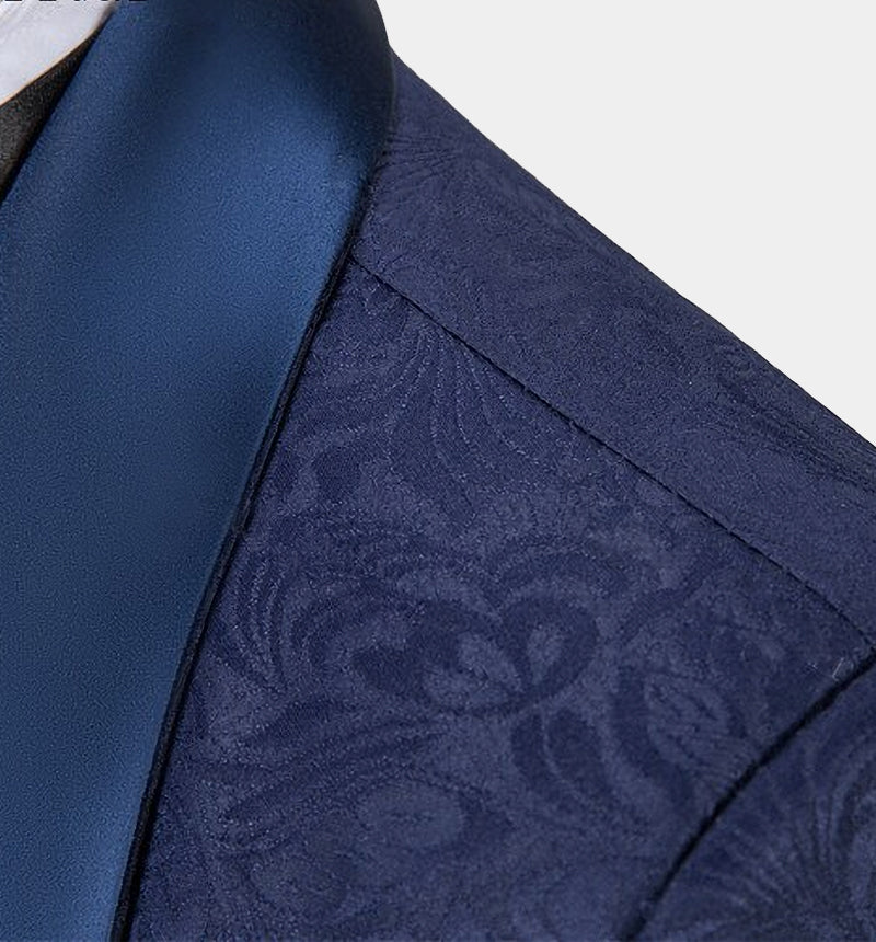 Navy Blue Three-Piece Jacquard Bespoke Tuxedo Online-Wedding Suits-BallBride