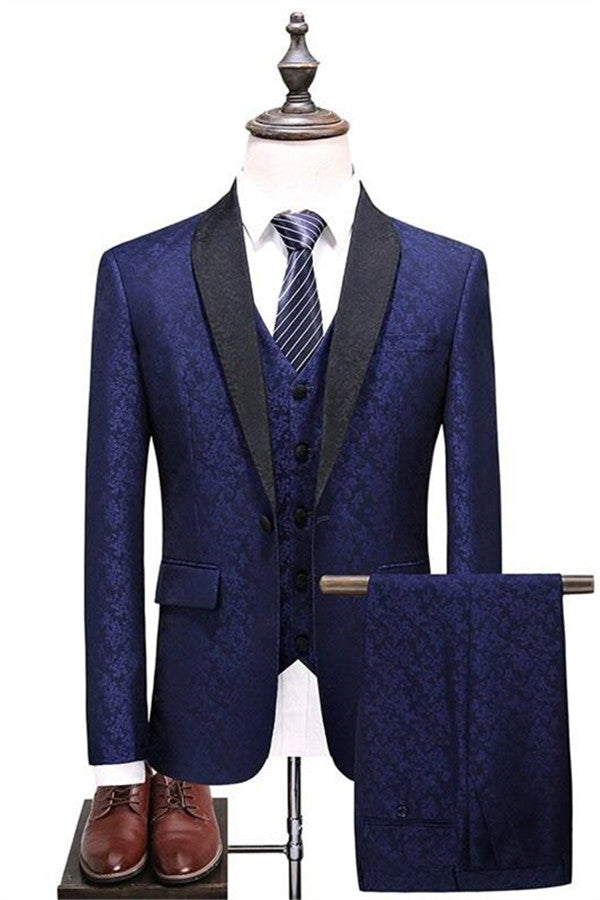 Navy Blue Three Pieces Groomsman Suit Tuxedo with Shawl Lapel-Prom Suits-BallBride