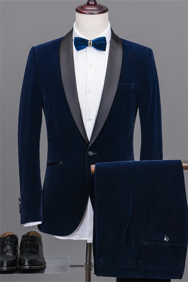Navy Blue Velvet Tuxedos with Elegant Shawl Lapel for Prom Best Man - 2 Pieces-Wedding Suits-BallBride