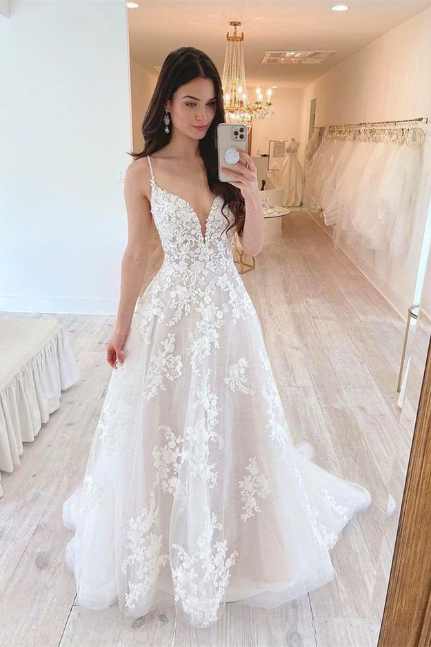 New Arrival A Line Wedding Dress with Spaghetti-Straps Tulle Lace-Wedding Dresses-BallBride