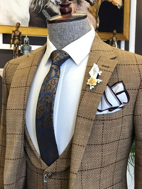 New Arrival Brown Plaid Peaked Lapel Three Pieces Busibess Suit for Archibald-Wedding Suits-BallBride