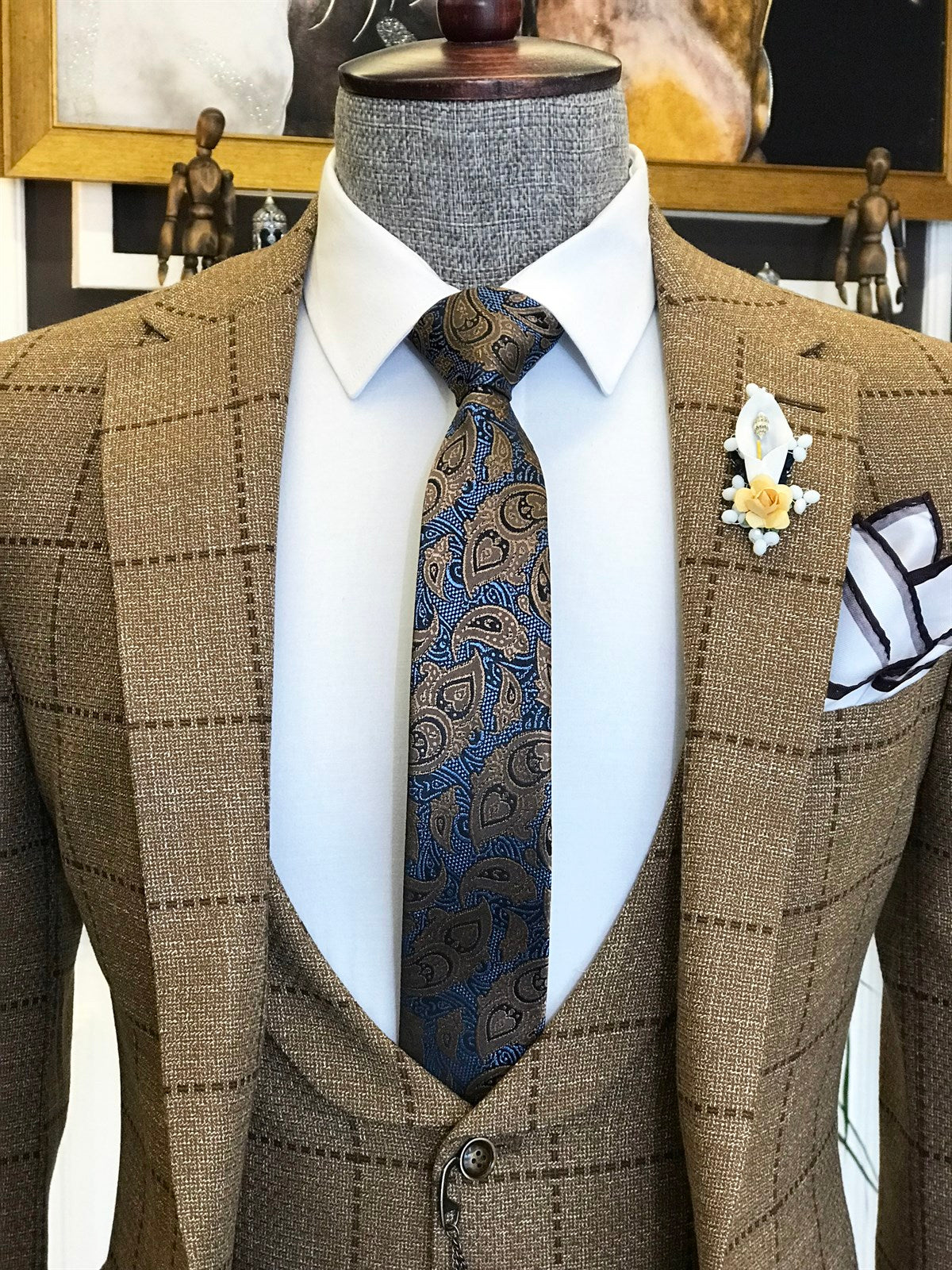 New Arrival Brown Plaid Peaked Lapel Three Pieces Busibess Suit for Archibald-Wedding Suits-BallBride