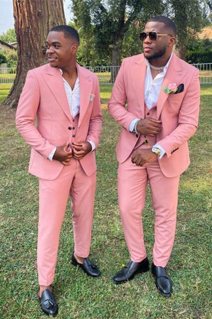 New Arrival Christopher Pink Three Piece Peaked Lapel Groomsmen Suits-Wedding Suits-BallBride