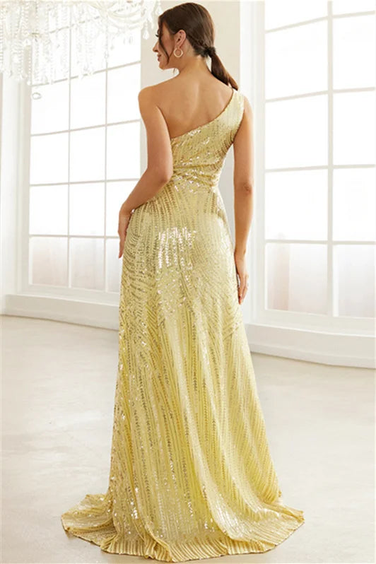 New Arrival Daffodil One Shoulder Sequins Evening Dress Mermaid With Slit-BallBride