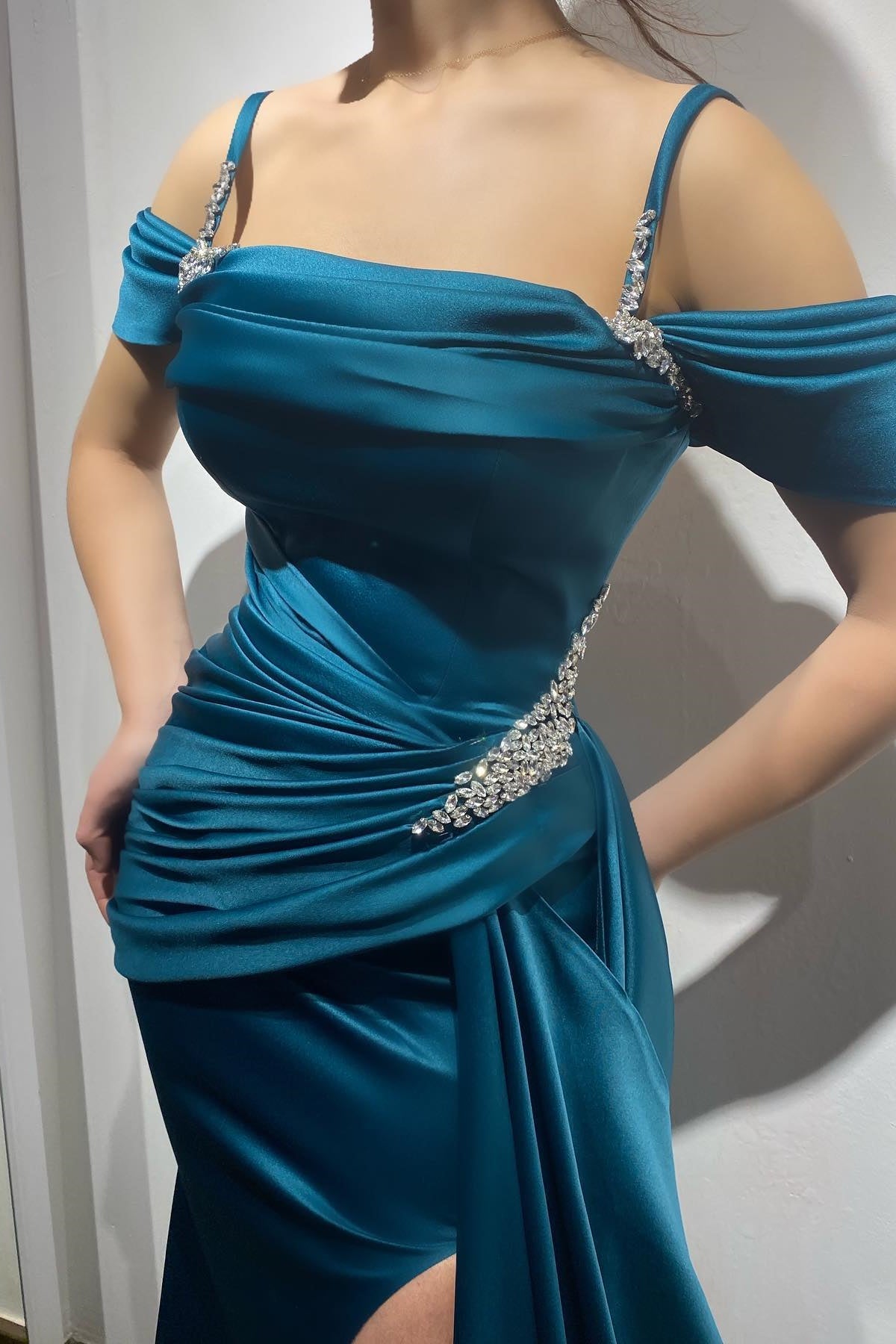 New Arrival Ink Blue Prom Dress With Split Ruffles and Beaded Spaghetti-Straps-Occasion Dress-BallBride