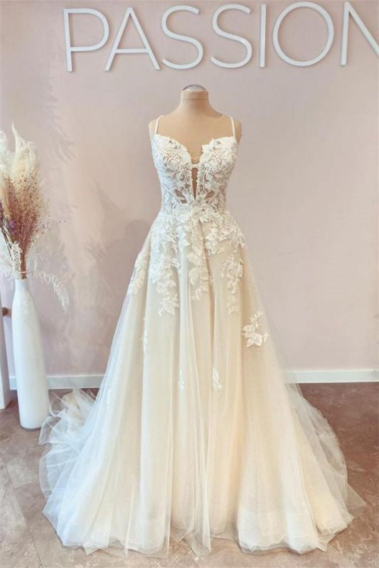New Arrival Lace Wedding Dress with Spaghetti-Straps Tulle A Line-Wedding Dresses-BallBride