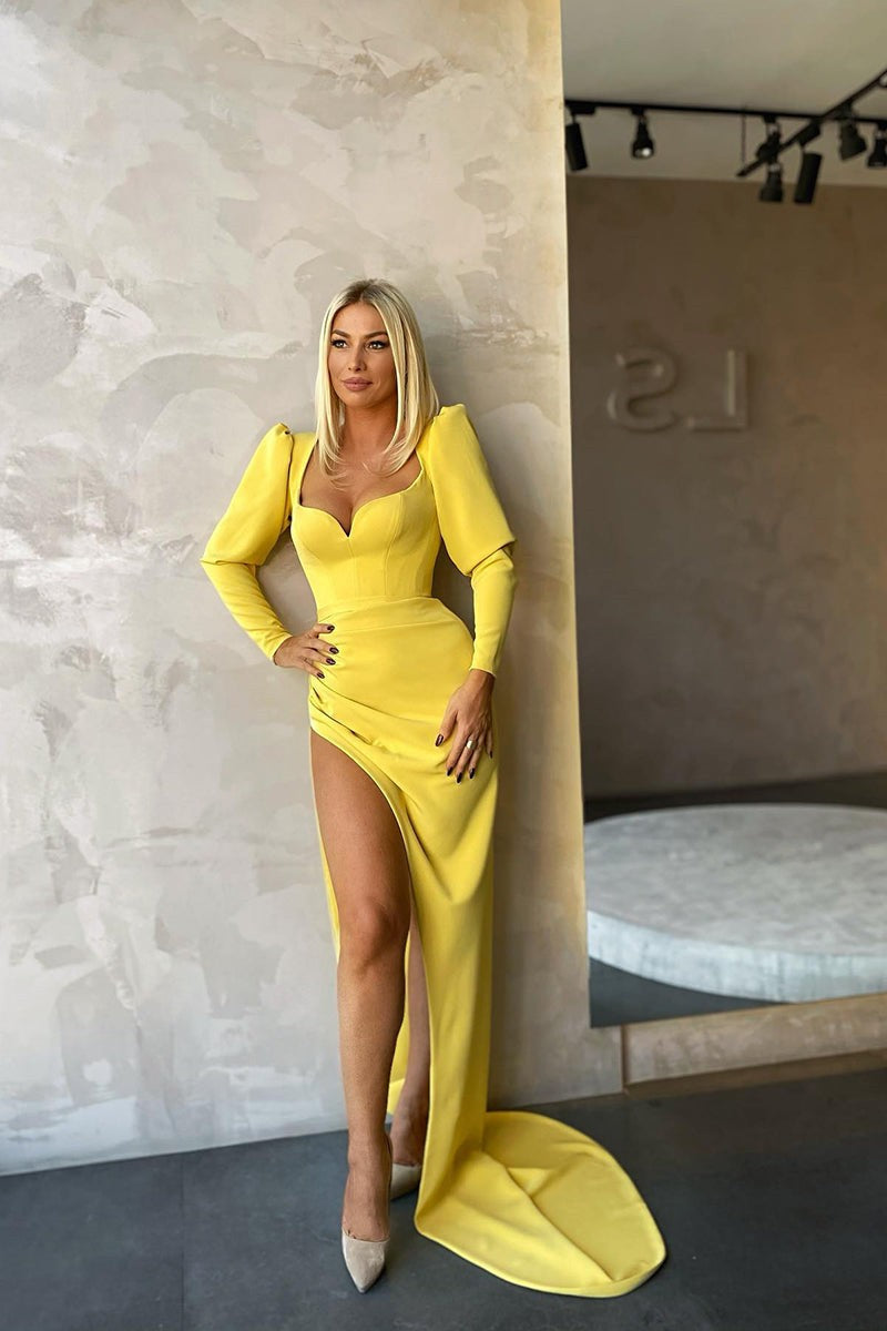 New Arrival Lemon Yellow Mermaid Prom Dress with Split Long Sleeves-Occasion Dress-BallBride